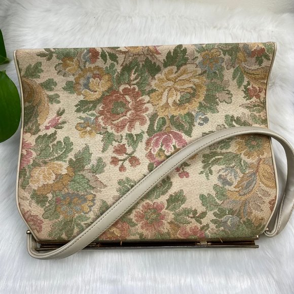Vintage 50s L & M Cream Floral Tapestry Handbag - Picture 9 of 11